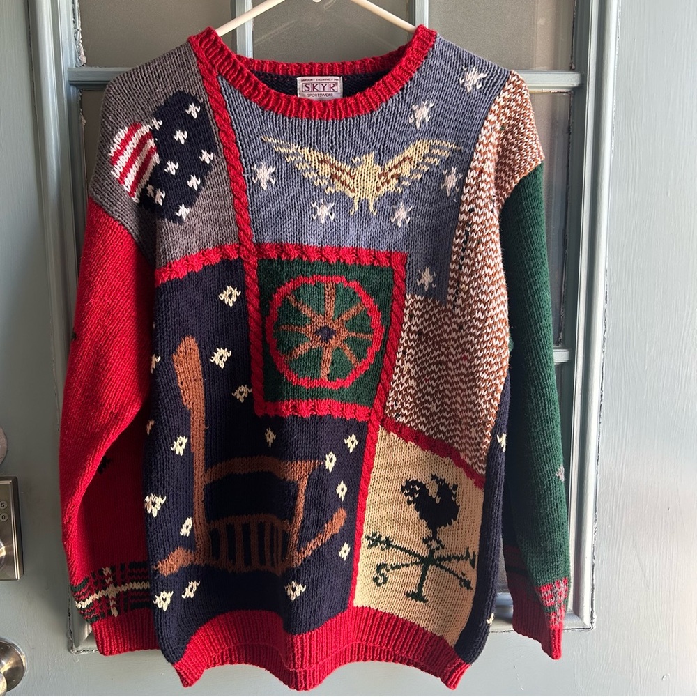 Vintage 90’s Americana Western Hand Knit Cotton SKYR Sweater American Flag Large